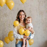 ai generado contento cumpleaños celebrando con globos y un sonriente bebé foto