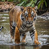 AI generated A young tiger walking through a river photo