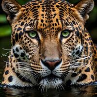 ai generado un de cerca de un de jaguar cara en el agua foto