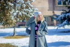 retrato de un mujer en un parque, retrato de un mujer en invierno parque, retrato de un rubia mujer, mujer en sombrero foto