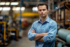 ai generado confidente ingeniero en pie en industrial instalaciones con ai generado. foto