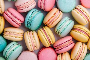 AI generated Assorted Colorful Macarons Close-up. photo