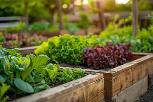 AI generated Sunlit Raised Garden Beds with Fresh Vegetables with AI generated. photo