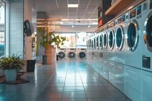 AI generated Modern Laundromat with Row of Washing Machines with AI generated. photo