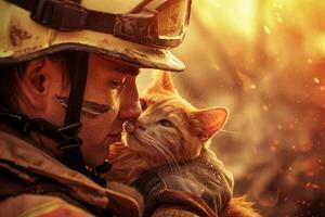 AI generated Firefighter Comforting a Cat Amidst Sparks with AI generated. photo