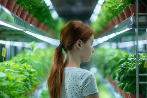 ai generado mujer observando plantas en interior vertical granja con ai generado. foto