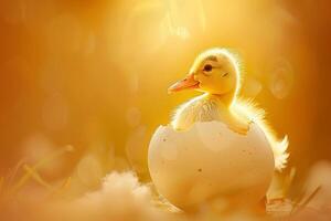 AI generated Newborn Duckling Emerging from Egg in Golden Light with AI generated. photo