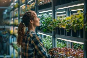 ai generado mujer observando plantas en interior vertical granja con ai generado. foto