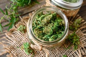 AI generated Cannabis Buds in Jar Closeup with Fresh Leaves photo