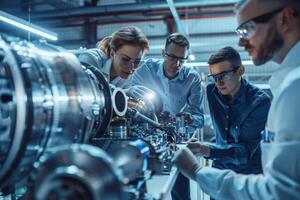 ai generado hembra ingenieros inspeccionando maquinaria en industrial planta con ai generado. foto