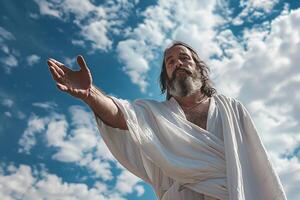 ai generado hombre retratar Jesús ofrecimiento mano en contra cielo con ai generado. foto