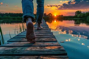 ai generado caminando descalzo en muelle a puesta de sol con ai generado. foto