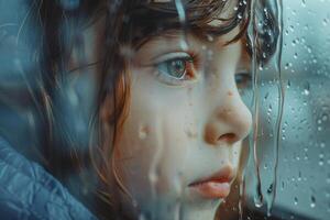 ai generado contemplativo joven niña mirando mediante lluvioso ventana. foto