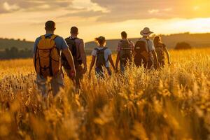 AI generated Group Hiking Through Golden Wheat Field at Sunset. photo