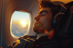 AI generated Man Relaxing with Headphones on Airplane. photo