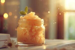 AI generated Golden Bath Salt Jar in Sunlit Ambiance with AI generated. photo