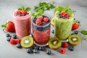 AI generated Colorful Fresh Fruit Smoothies in Glasses with AI generated. photo