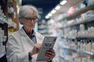 ai generado experimentado farmacéutico con digital tableta en farmacia con ai generado. foto