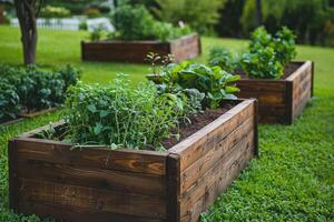 AI generated Sunlit Raised Garden Beds with Fresh Vegetables with AI generated. photo