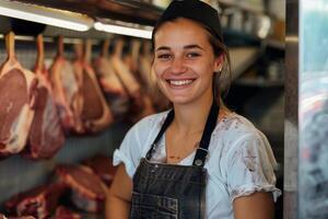 ai generado sonriente hembra Carnicero en frente de carne mostrar. foto