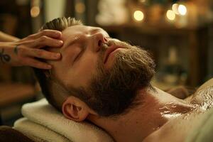 ai generado hombre disfrutando relajante masaje a un spa con ai generado. foto