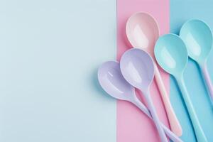 AI generated Pastel Spoons on Dual-Toned Background. photo