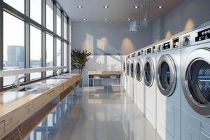 ai generado moderno lavandería con fila de Lavado máquinas con ai generado. foto
