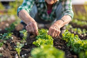 AI generated Elderly Woman Tending to Her Vegetable Garden with AI generated. photo