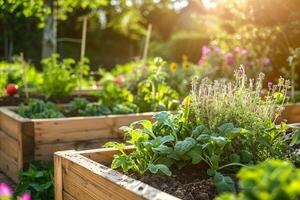 ai generado iluminado por el sol elevado jardín camas con Fresco vegetales con ai generado. foto