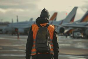 ai generado suelo personal supervisando aeropuerto operaciones a puesta de sol con ai generado. foto