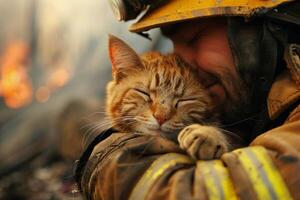 ai generado bombero consolador un gato en medio de chispas con ai generado. foto