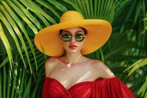 AI generated Fashionable Woman in Yellow Hat Amongst Green Leaves. photo