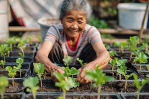 ai generado mayor mujer tendiendo a su vegetal jardín con ai generado. foto