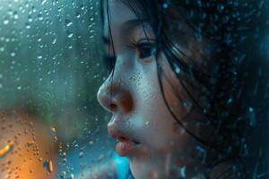 ai generado contemplativo joven niña mirando mediante lluvioso ventana. foto