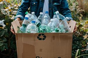 ai generado persona participación cartulina caja de el plastico botellas con ai generado. foto