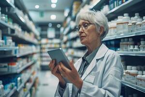 AI generated Experienced Pharmacist with Digital Tablet in Pharmacy with AI generated. photo