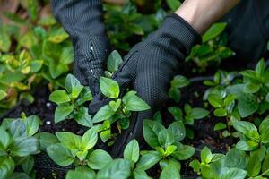 ai generado jardinero plantando joven albahaca en fértil suelo con ai generado. foto