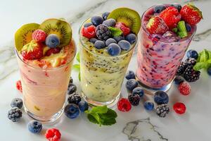 AI generated Colorful Fresh Fruit Smoothies in Glasses with AI generated. photo