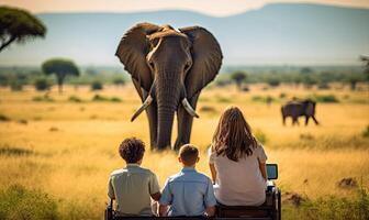 AI generated A Captivated Crowd Observing a Majestic Elephant in the Park photo