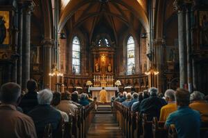 ai generado luz de sol transmisión mediante Iglesia durante Servicio con ai generado. foto