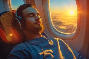 AI generated Man Relaxing with Headphones on Airplane. photo
