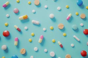 AI generated Assorted Medication Pills on a Blue Background with AI generated. photo