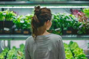 ai generado mujer observando plantas en interior vertical granja con ai generado. foto