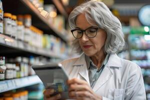 ai generado experimentado farmacéutico con digital tableta en farmacia con ai generado. foto