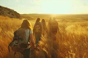 ai generado grupo excursionismo mediante dorado trigo campo a puesta de sol. foto