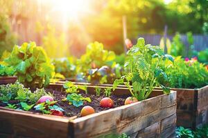 AI generated Sunlit Raised Garden Beds with Fresh Vegetables with AI generated. photo