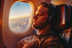 ai generado hombre relajante con auriculares en avión. foto