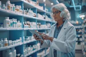 ai generado experimentado farmacéutico con digital tableta en farmacia con ai generado. foto