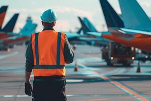 ai generado suelo personal supervisando aeropuerto operaciones a puesta de sol con ai generado. foto