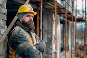 ai generado confidente construcción trabajador a industrial sitio con ai generado. foto